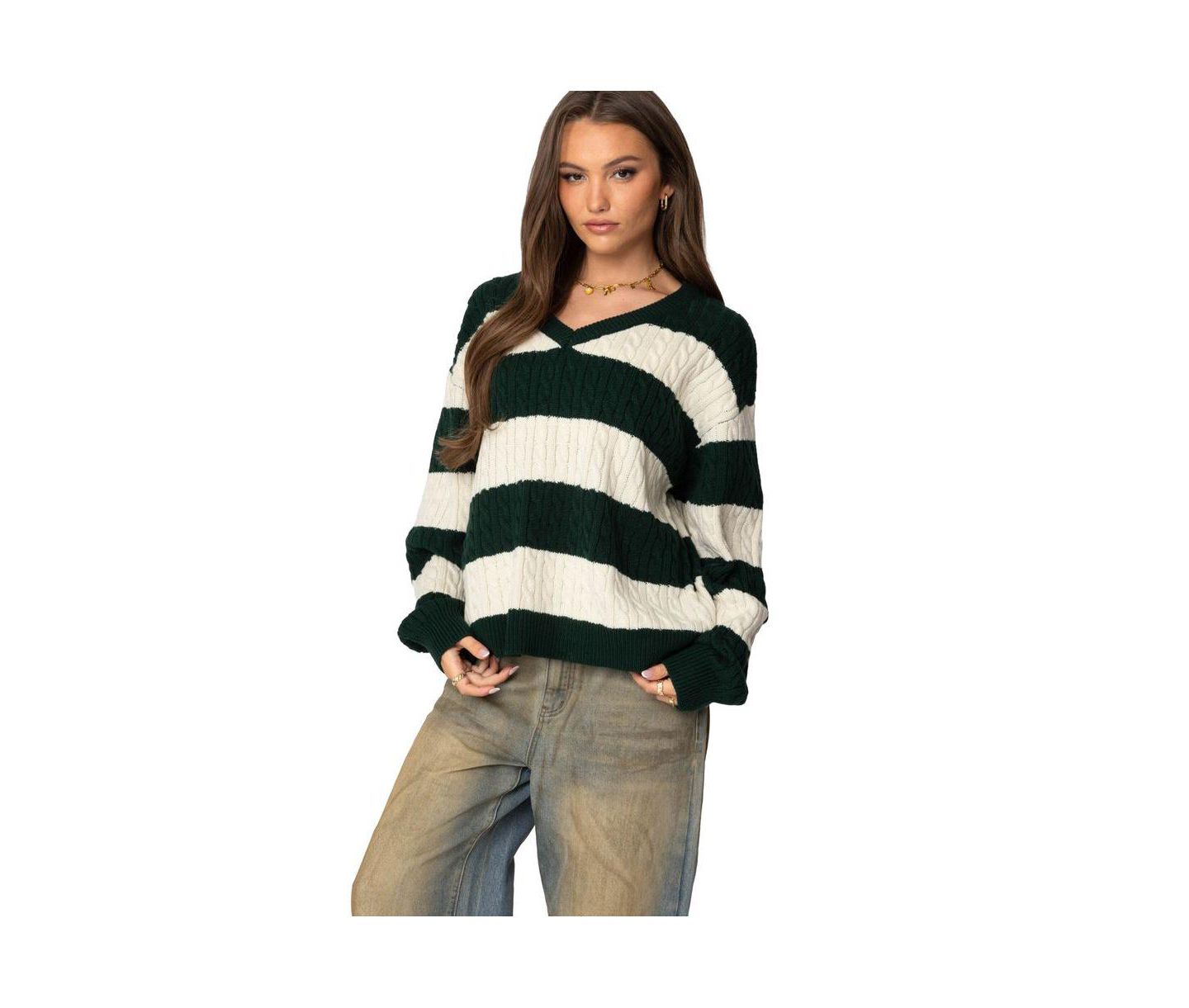 Женский свитер Edikted Oversized Striped Cable Knit, цвет: Зелёный — фото 2