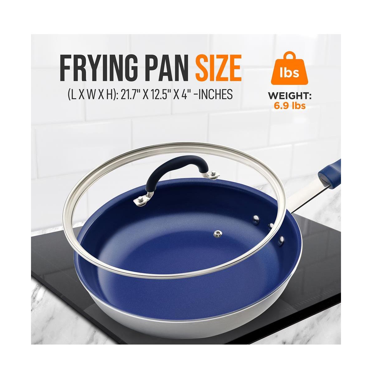 NutriChef 12'' Large Fry Pan with Lid - Non-stick Pan with Silicone Handle, Ceramic Coating Inside