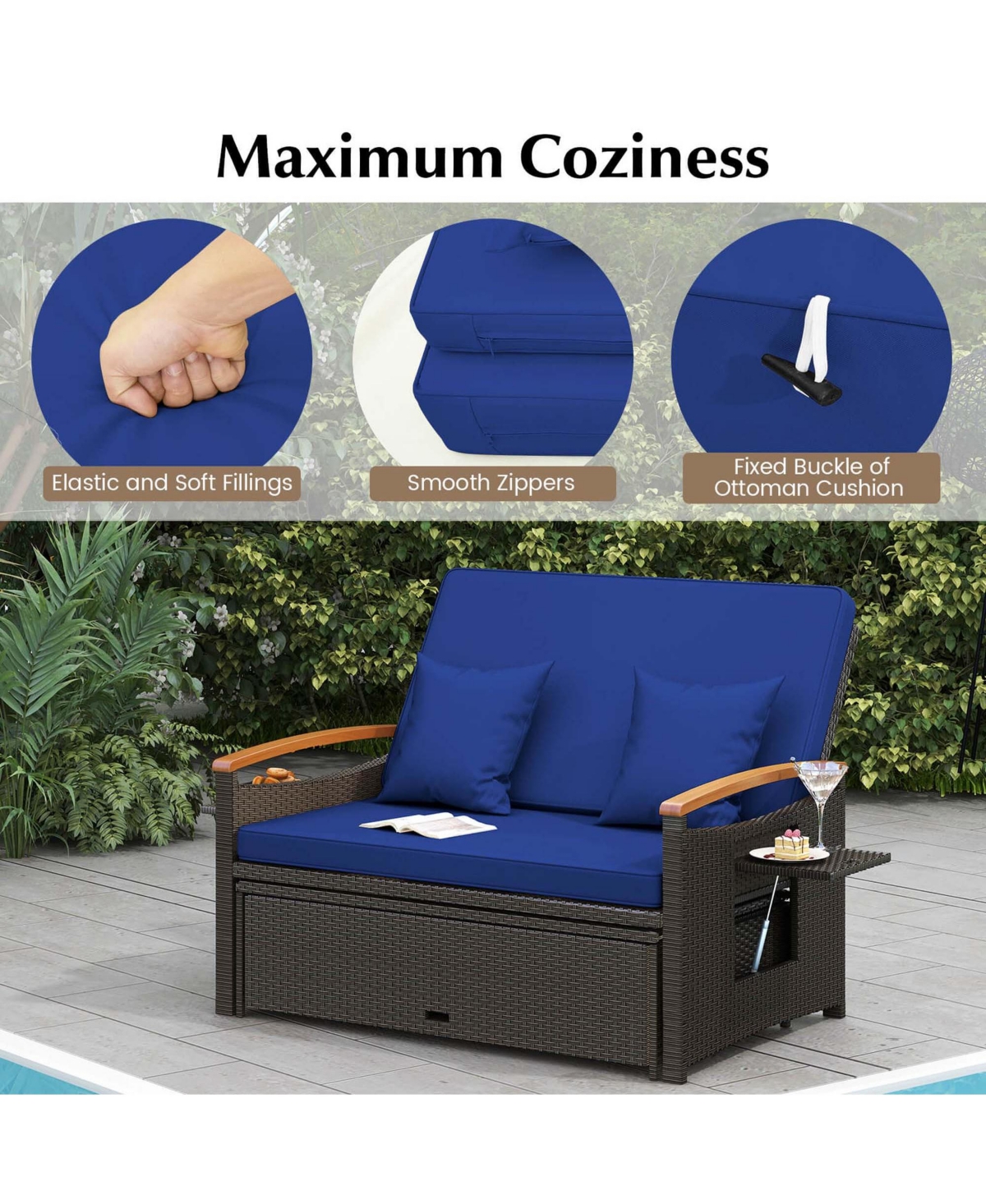 Costway Patio Rattan Daybed Set with Cushioned Loveseat & Storage Ottoman for Porch