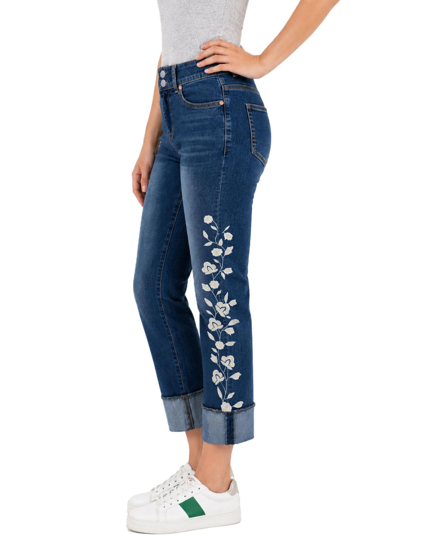 Женские брюки Indigo Poppy Two Button Tummy Control Embroidered Wide Cuff Crop, цвет: Синий — фото 3