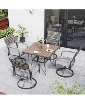 5-Piece Patio Outdoor Dining Set with Square Table and Rattan Swivel Chairs with Green Cushion