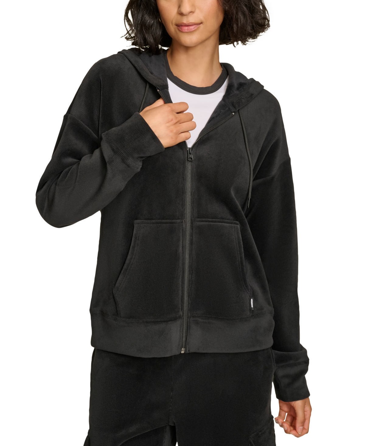 Shop Starter Women's Tech Cord Zip-front Drop-shoulder Hoodie In Black