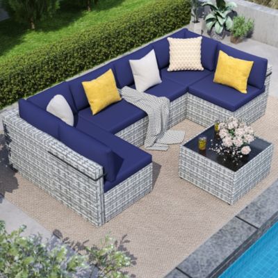 Gray 7-Piece Wicker Outdoor Sectional Set with Coffee Table and Cushions