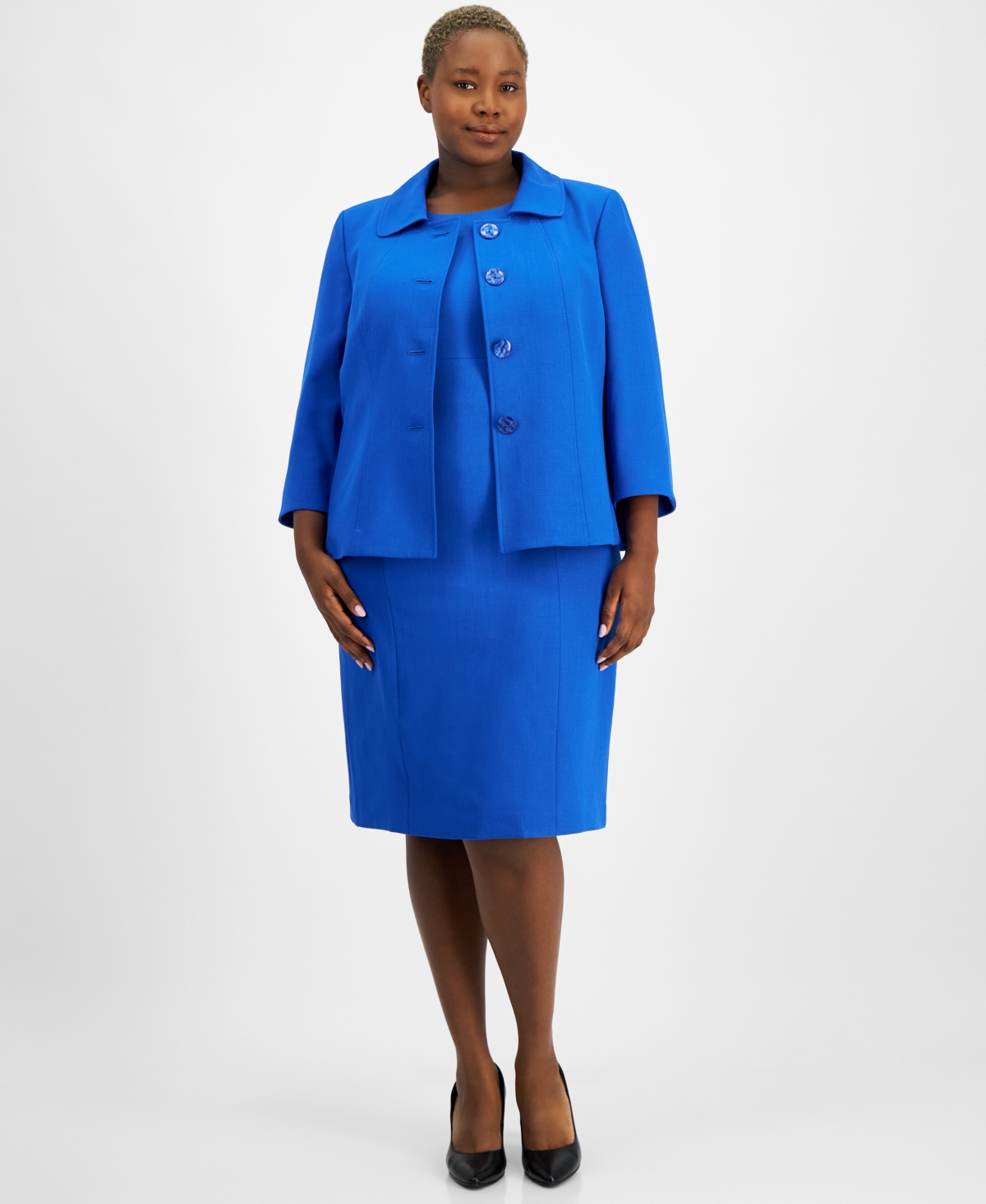 Plus Size Button-Front Boxy Jacket & Sheath Dress - Cabana Blue
