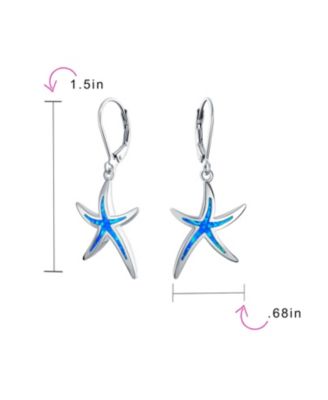 Nautical Aquatic Tropical Beach Vacation Iridescent Created Opal Inlay Starfish Dangle Drop Lever back Earrings Sterling Silver