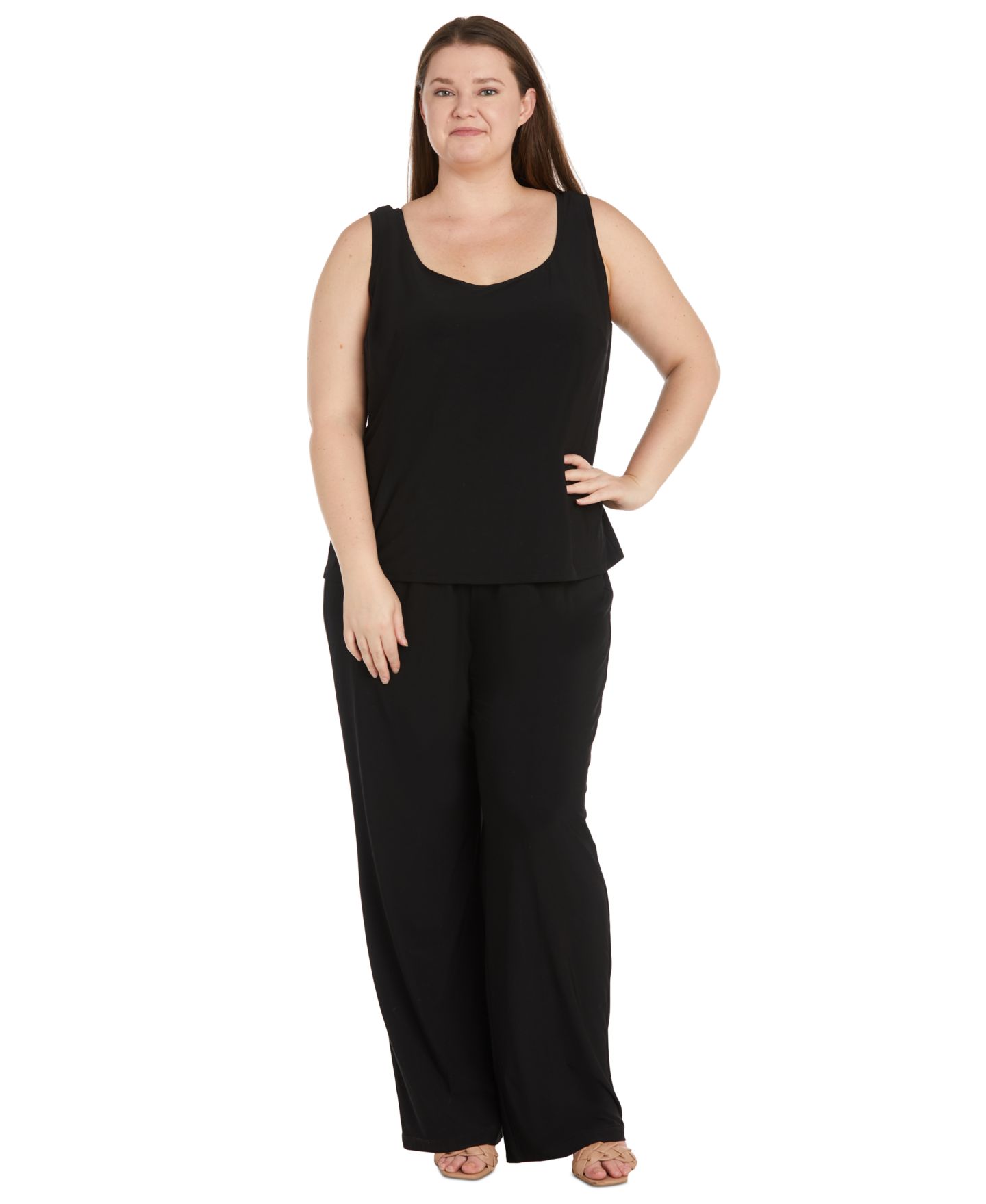 Женские комплекты R & M Richards Plus Size Embroidered Duster Jacket, Tank and Pants 3-Pc. Set, цвет: Чёрный / Золотой — фото 3