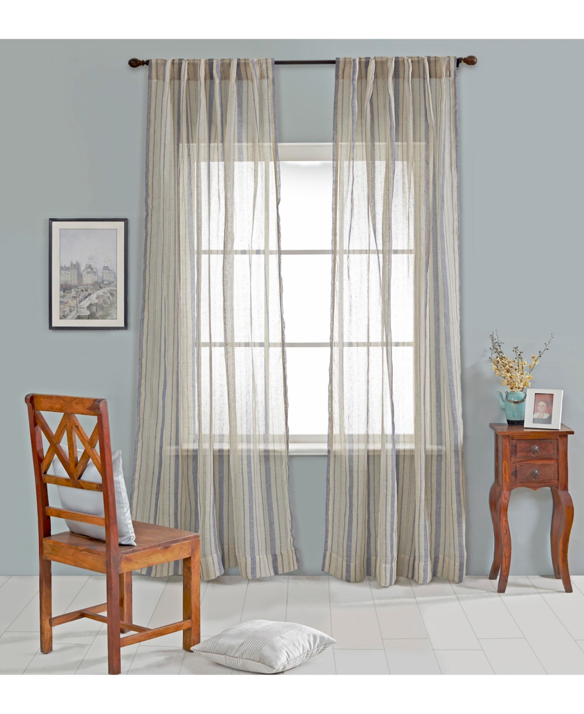 Bay Stripe Linen Sheer Curtain Panel - Rod Pocket and Hidden Back Tabs - Blue-natural