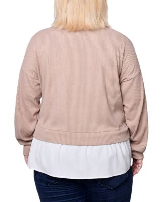 Plus Size Long Sleeve Two-Fer Top with Gathered Inset