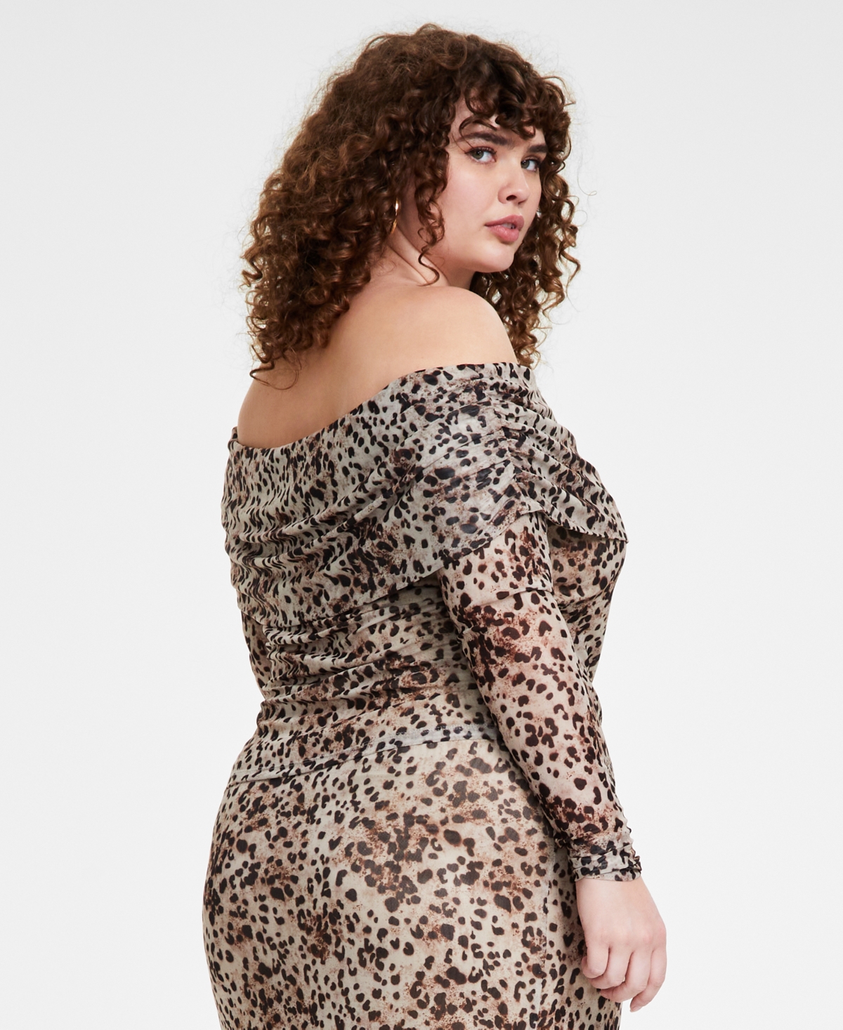 Bar Iii Trendy Plus Size Printed Off-the-shoulder Mesh Top, Created For Macy's In Carly Cheetah