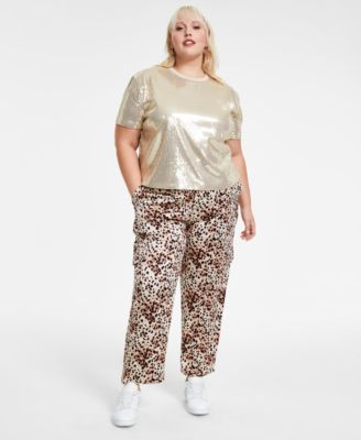 Trendy Plus Size Boxy Cropped Sequin Top Cheetah Print Shine Cargo Satin Pants Created For Macys