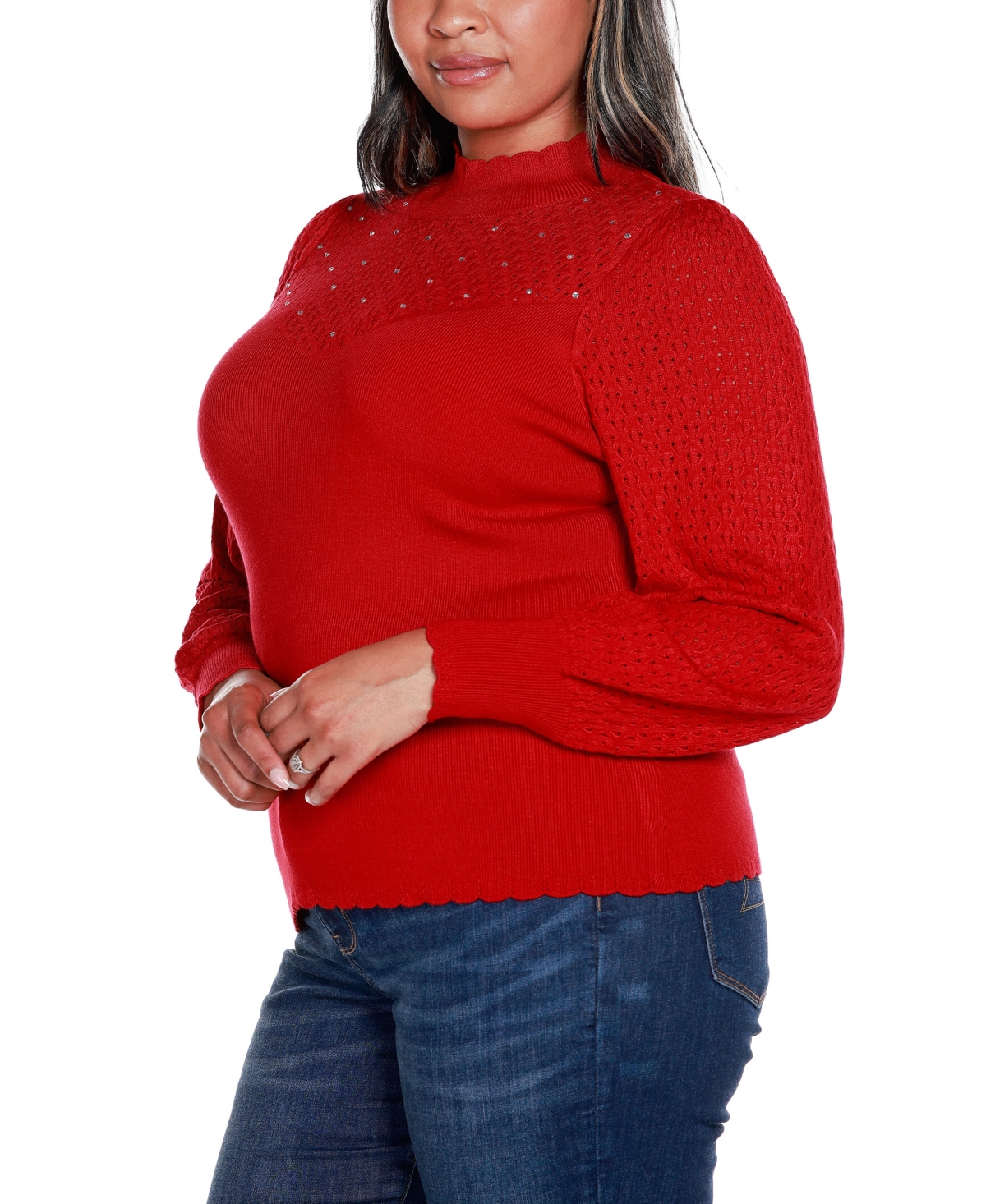 Belldini Black Label Plus Size Pointelle and Rhinestone Detail Sweater