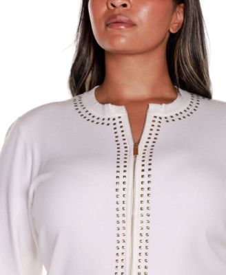 Black Label Plus Size Crewneck Embellished Zip Cardigan Sweater