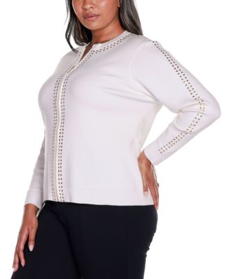 Black Label Plus Size Crewneck Embellished Zip Cardigan Sweater