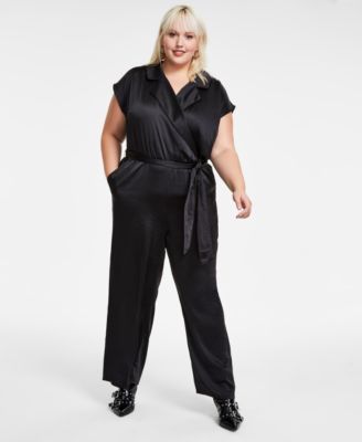 Bar III - Trendy Plus Size Short-Sleeve Wrap-Front Belted Satin Jumpsuit