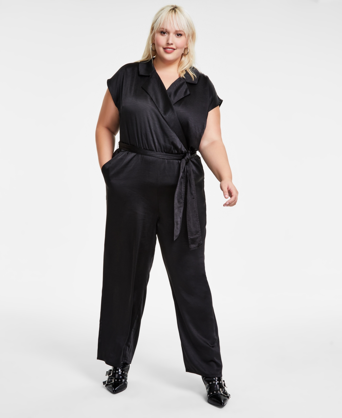 Bar Iii Trendy Plus Size Short-Sleeve Wrap-Front Belted Satin Jumpsuit, Created for Macy's