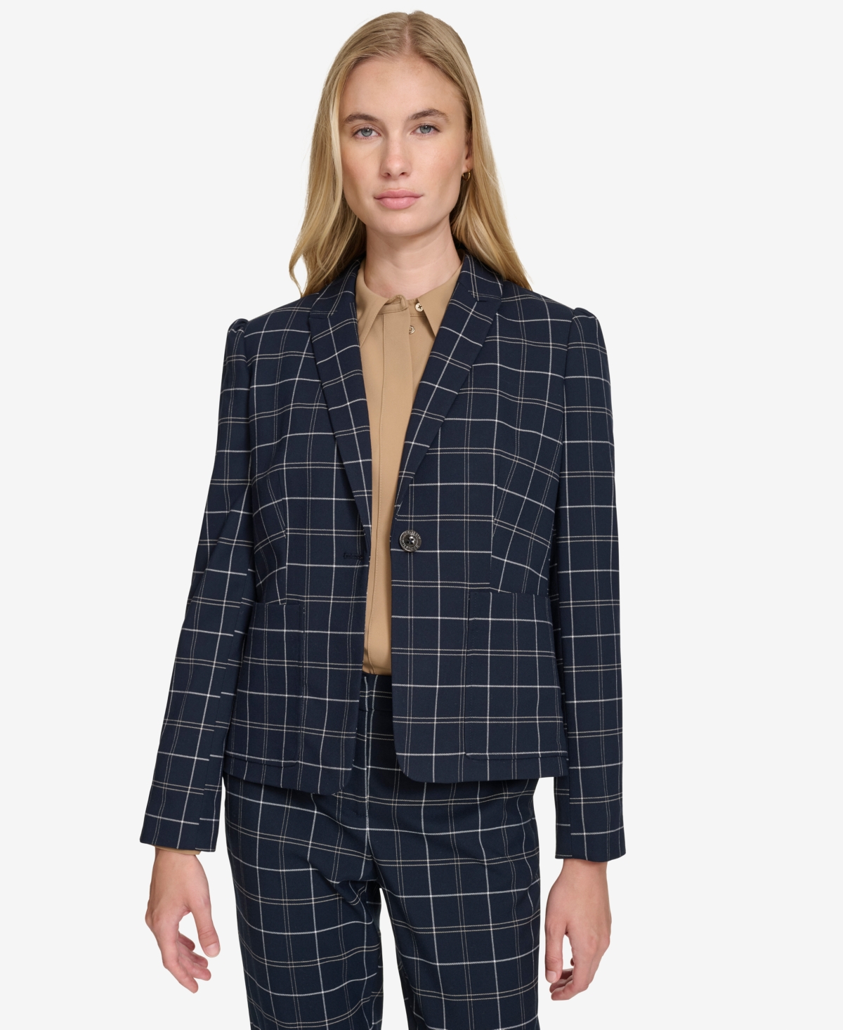 Tommy Hilfiger Women's Plaid Puff-Sleeve Single-Button Blazer -mult