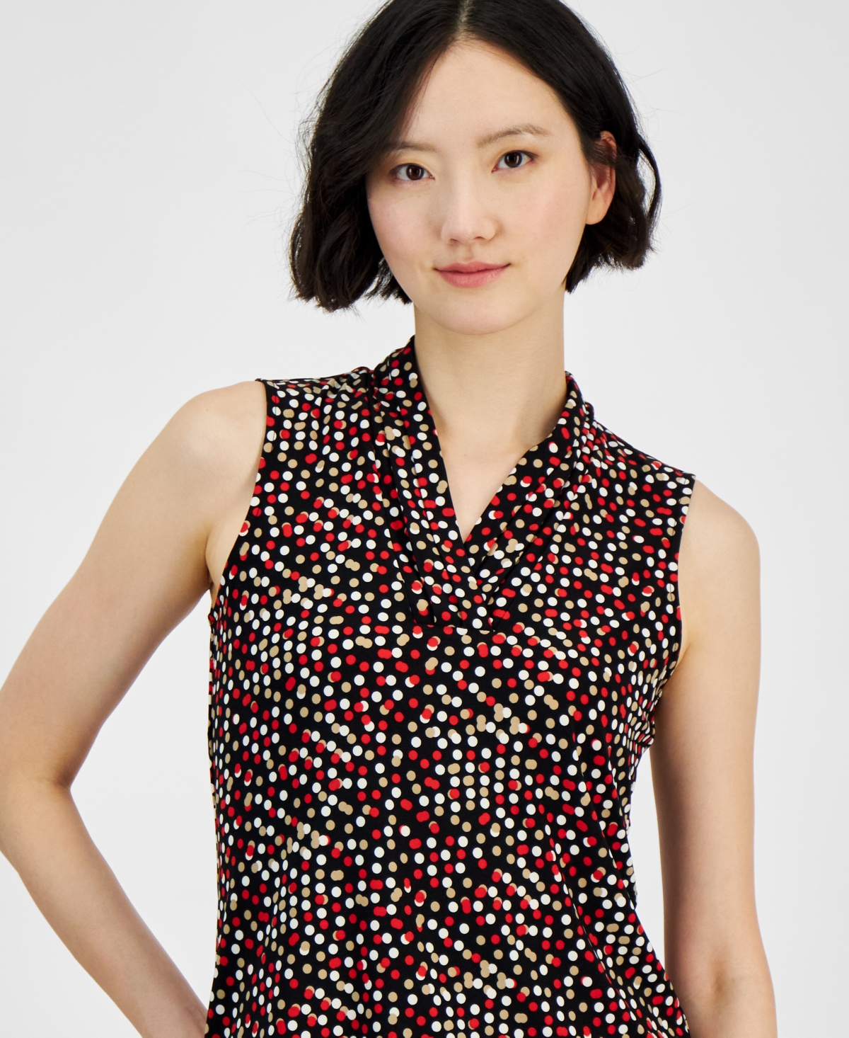 Anne Klein Women's Pleated-Neck Printed Sleeveless Top -Red Multi