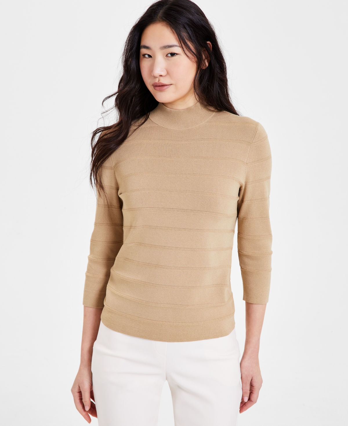 Shop Anne Klein Women's Mock Neck 3/4-sleeve Sweater In Coffee Cream