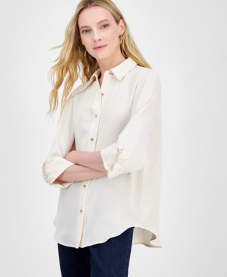 Anne Klein - Women's Chain-Trim Roll-Sleeve Shirt