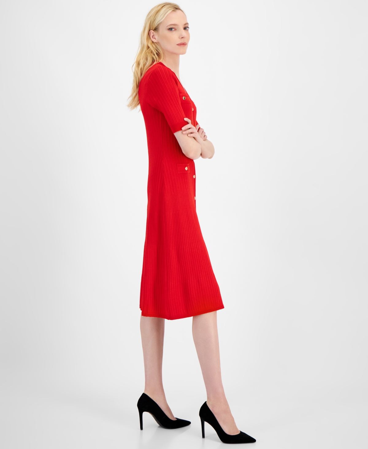 ANNE KLEIN WOMEN'S RIBBED BUTTON-FRONT A-LINE DRESS 