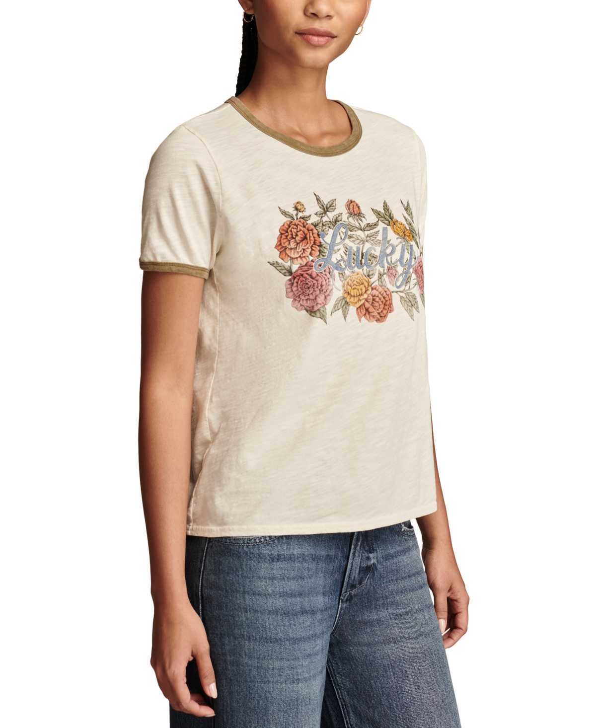 Lucky Brand Women's Cotton Floral Lucky Classic Ringer T-Shirt