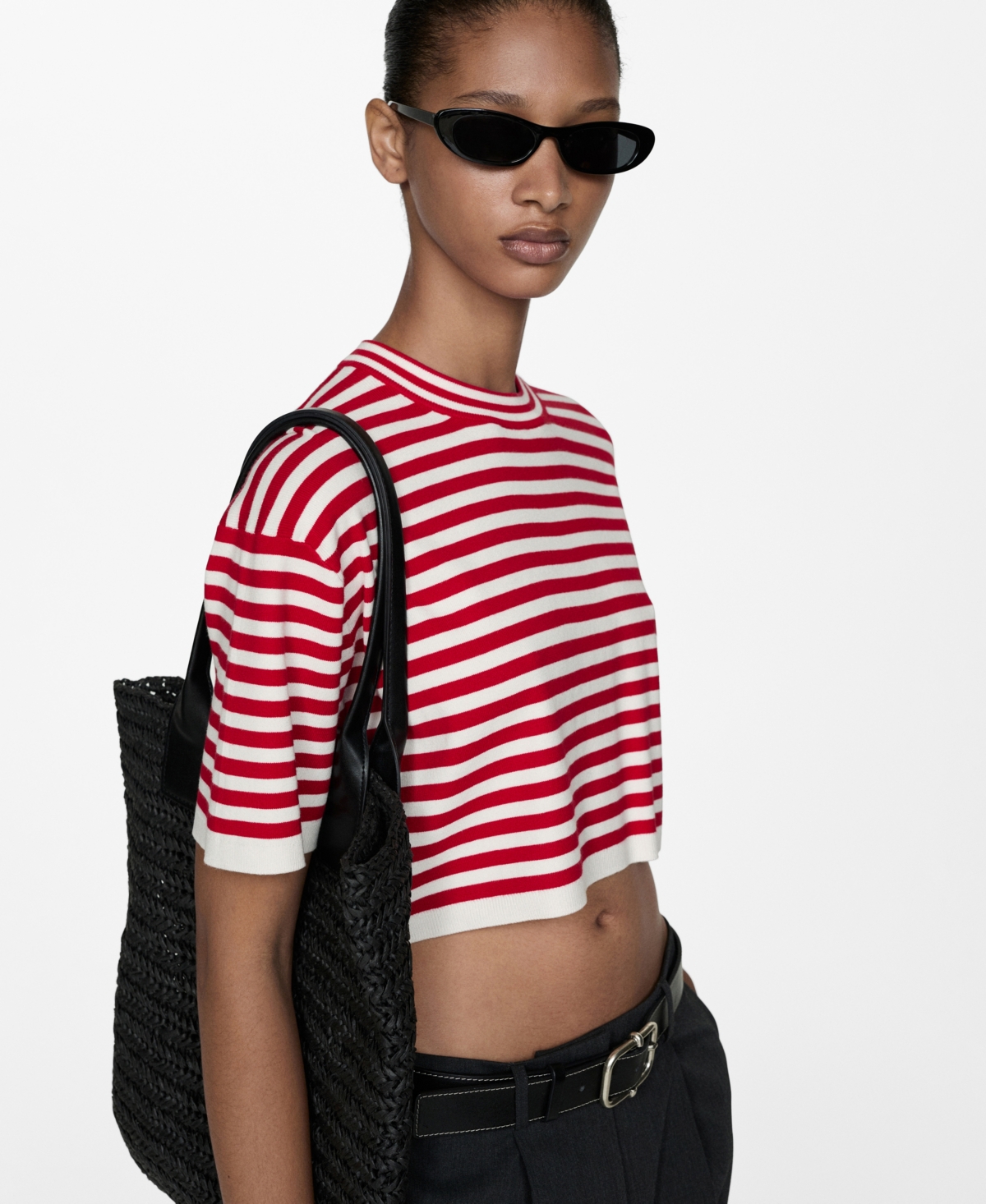 Shop Mango Women's Crop Striped Sweater In Red