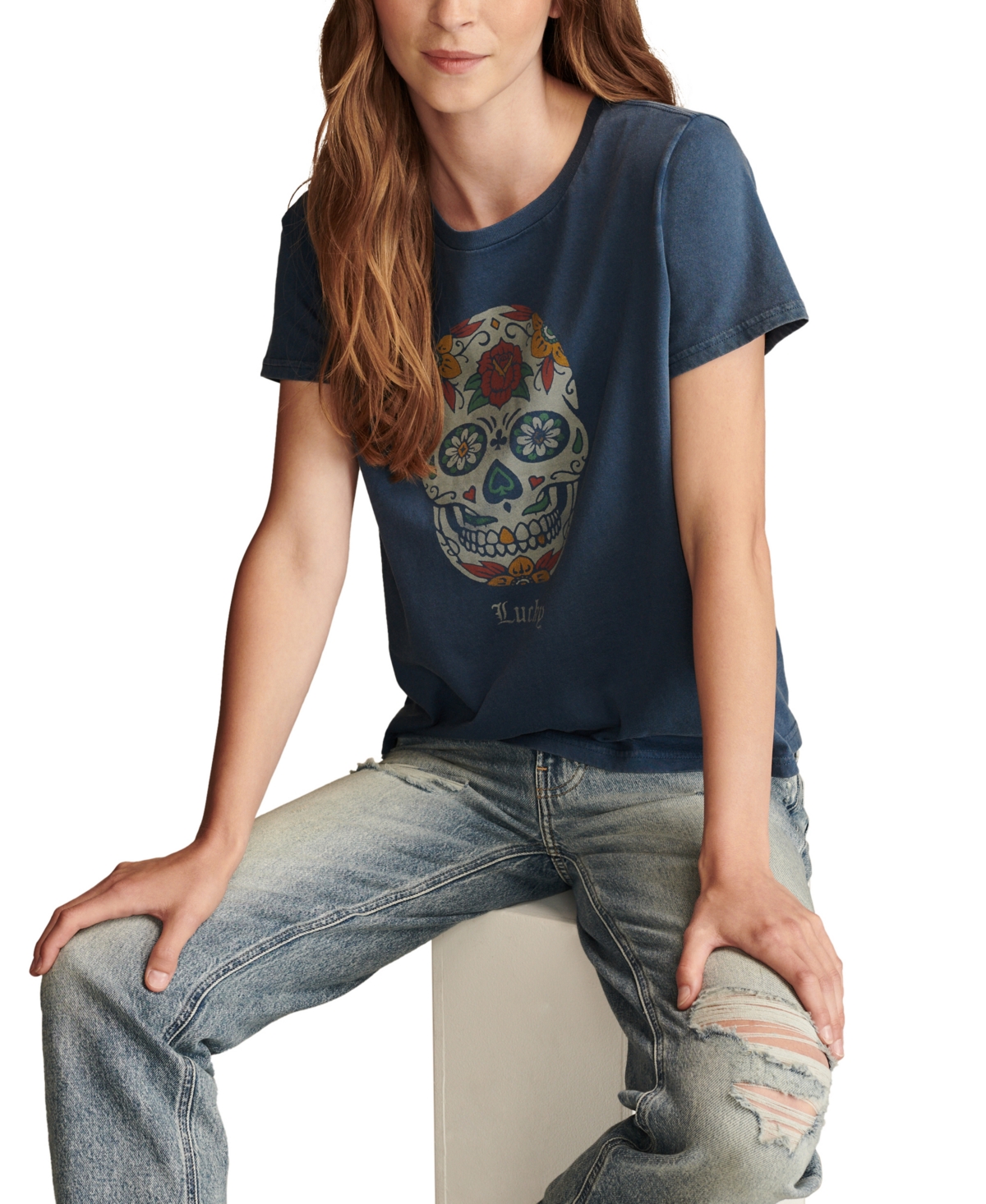 Lucky Brand Women's Cotton Lucky Sugar Skull Classic Crewneck T-Shirt