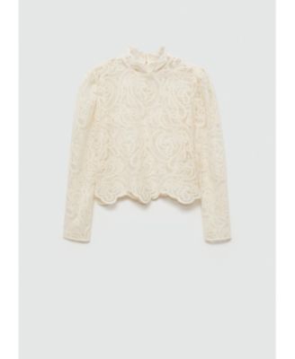 MANGO Women's High-Neck Sheer Cotton Lace Blouse - Macy's