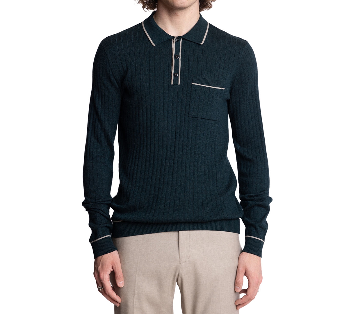Men's Tipped Long-Sleeve Polo Shirt - Forest Grn