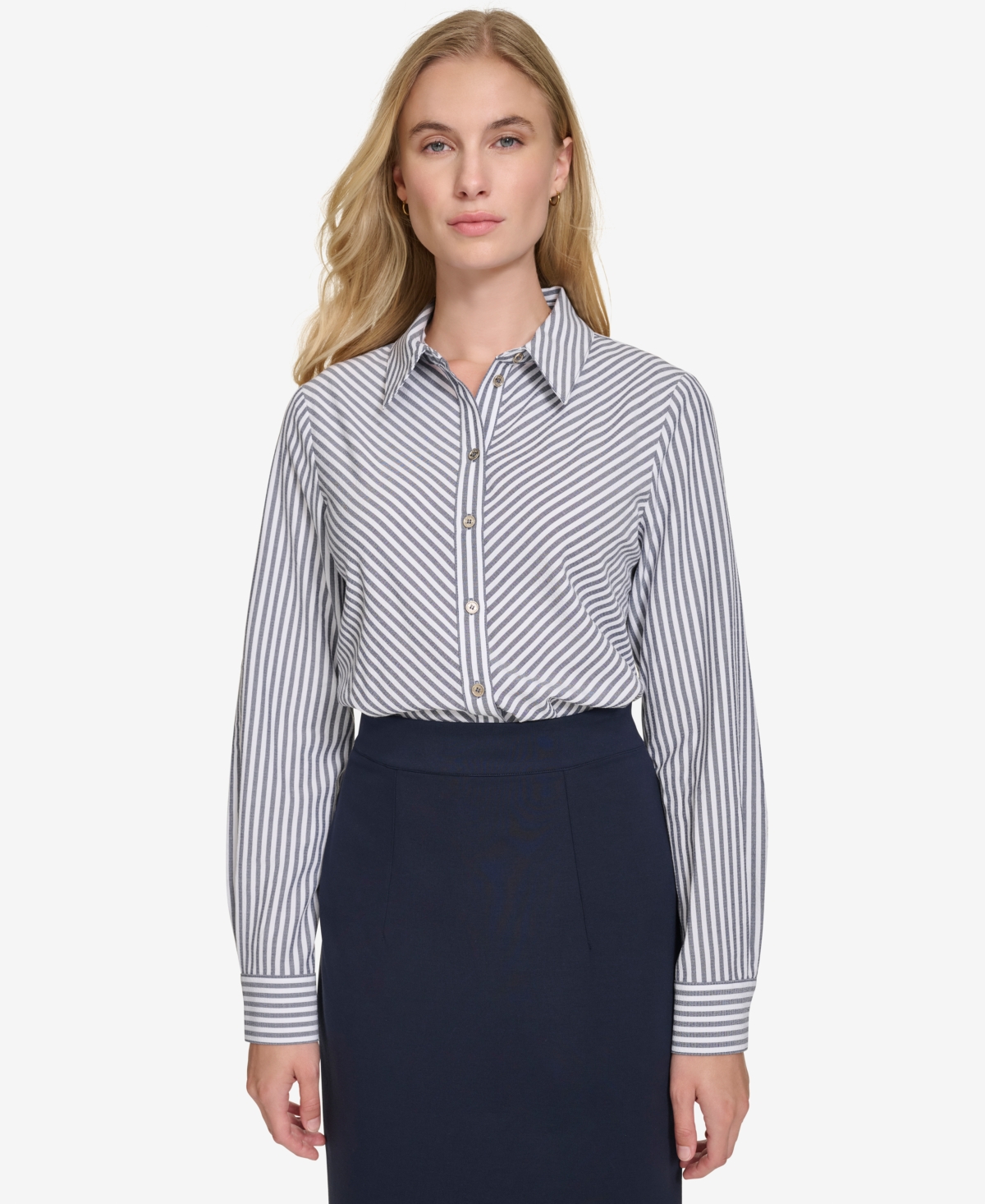 Tommy Hilfiger Women's Strip-print Button-front Shirt In Mdnght,ivr
