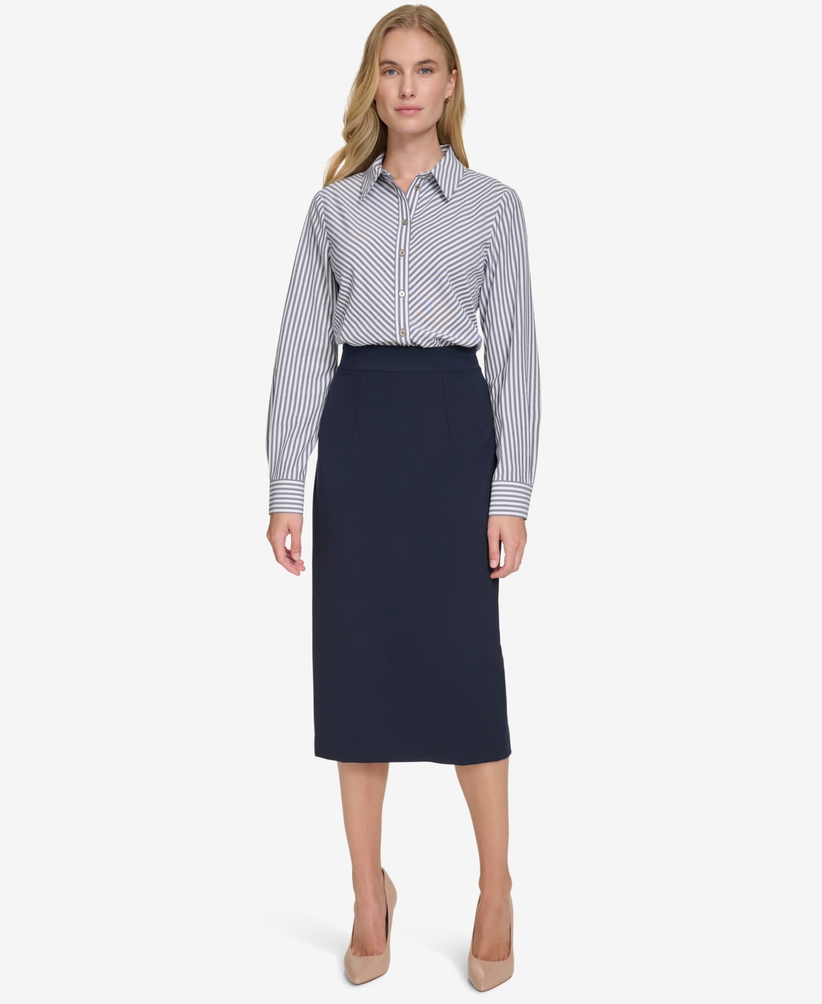 Tommy Hilfiger Women's Strip-print Button-front Shirt In Mdnght,ivr