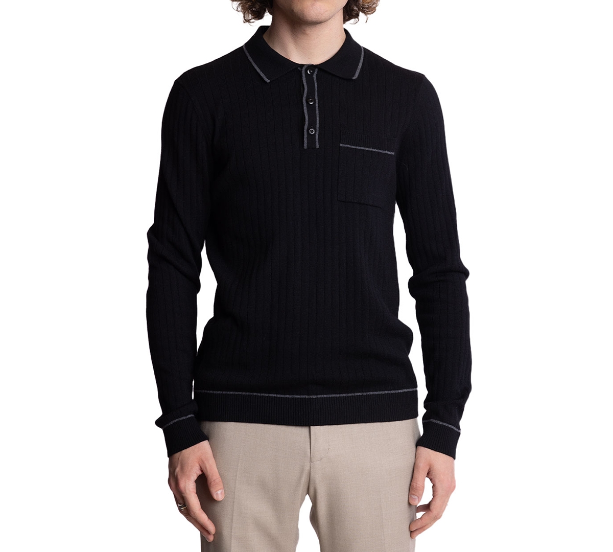 Men's Tipped Long-Sleeve Polo Shirt - Onyx Black
