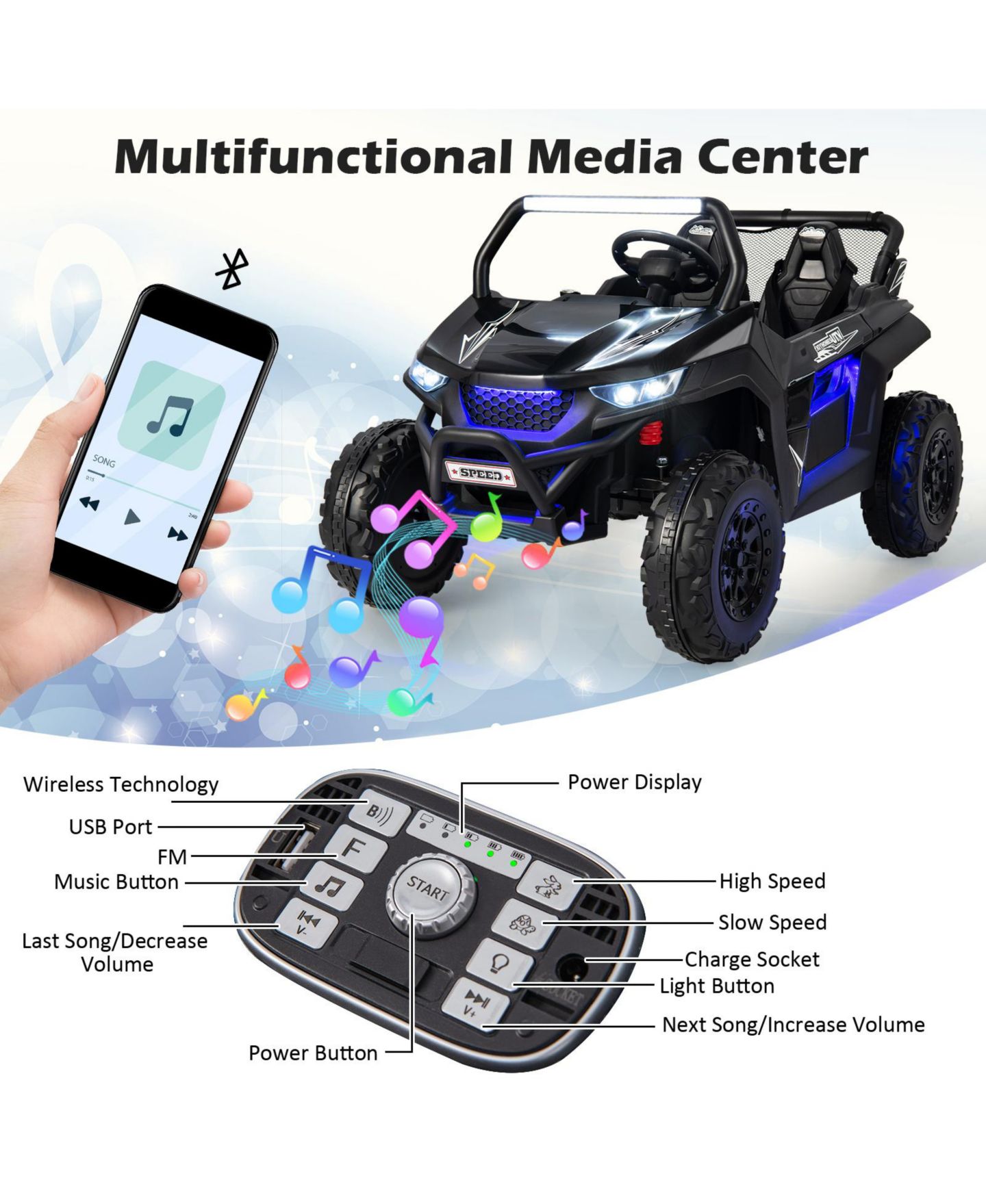 Детская игрушка Costway 12V 2-Seater Ride On UTV with Remote Control and LED Lights, 3–8 лет, цвет: Чёрный — фото 4