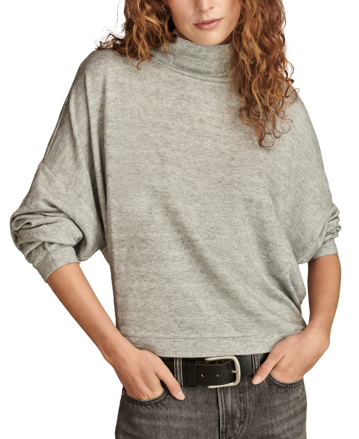 Lucky Brand Cloud Shine Stripe Mock Neck Knit Top In Grey Stripe