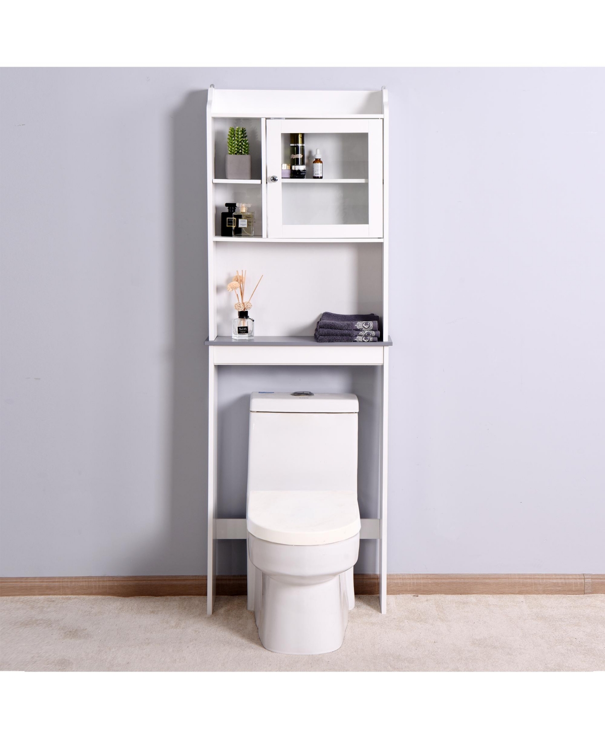 Slickblue Modern Over-the-Toilet Wood Storage Cabinet –Space Saver for Bathroom Organization - White
