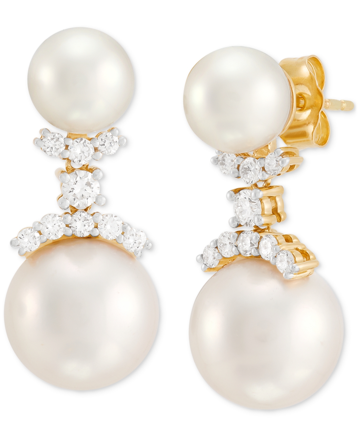 Cultured Freshwater Pearl (7 & 10-1/2mm) & Lab Grown Diamond (3/8 ct. t.w.) Double Drop Earrings in 14k Gold - Gold