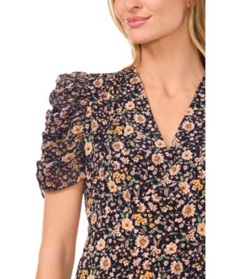 Women's Floral V-Neck Short Puff Sleeve Top