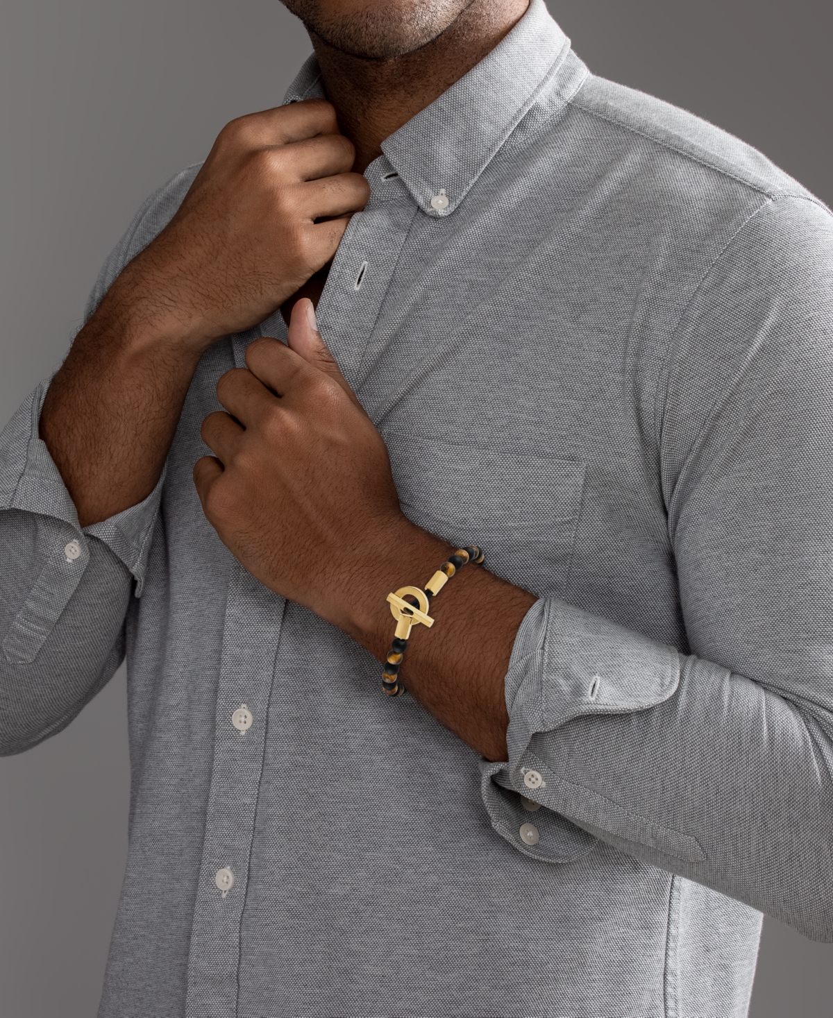 Shop Esquire Men's Jewelry Onyx & Tiger Eye Bead Toggle Bracelet In Gold-tone Ion-plated Stainless Steel, Created For Macy's (a