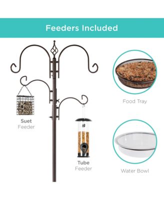 91in 4-Hook Bird Feeding Station, Steel Multi-Feeder Stand w/ 2 Feeders, Tray, Bird Bath