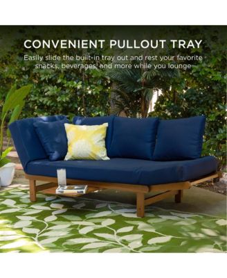 Outdoor Convertible Acacia Wood Futon Sofa w/ Pullout Tray, 4 Pillows, All-Weather Cushion - Navy