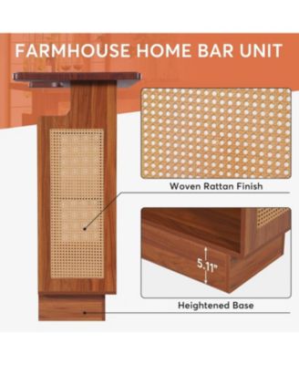 Rattan Home Bar Unit, Farmhouse 4-Tier Bar Table with 4 Stemware Racks and Heightened Base, Caramel Brown