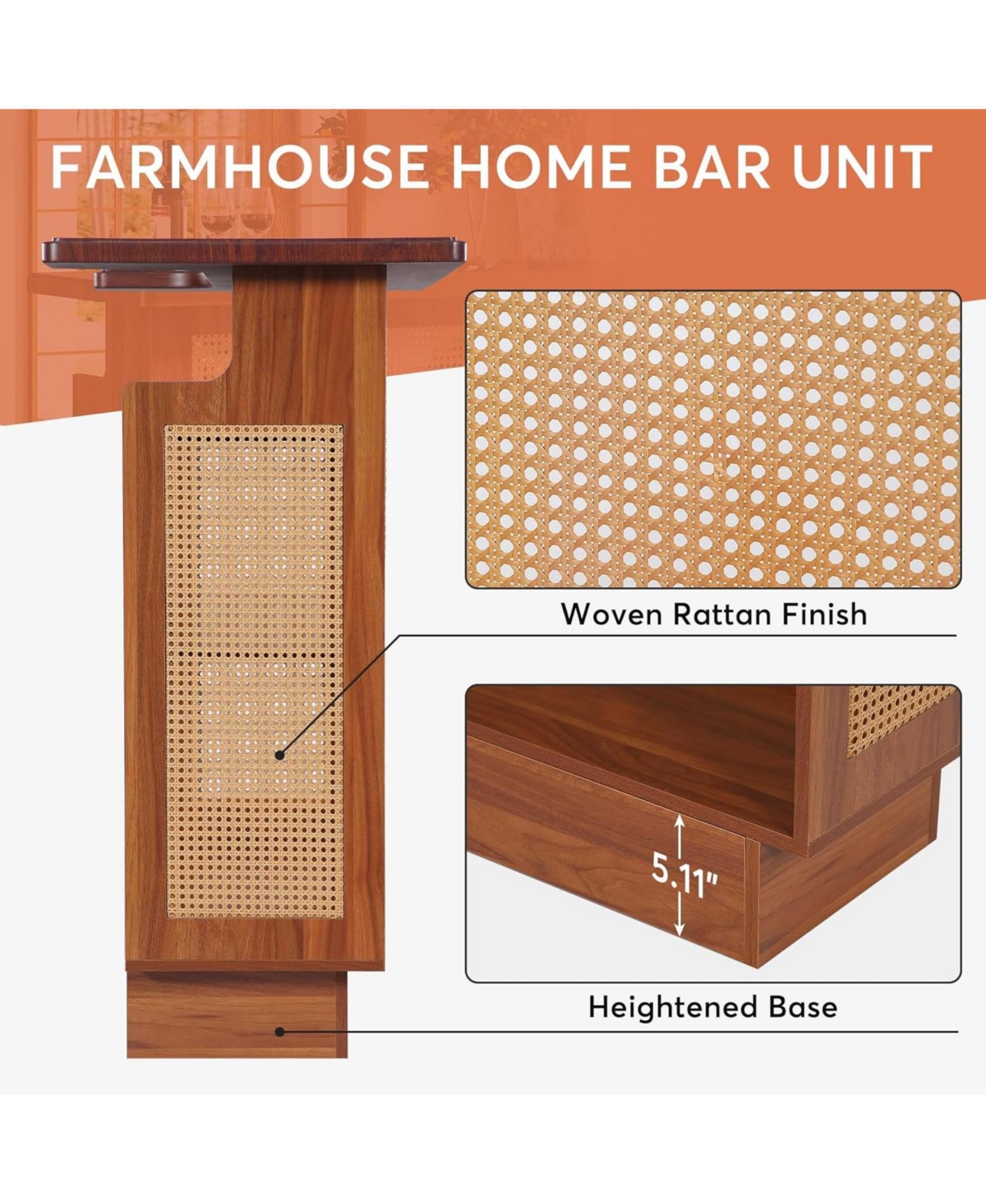 Tribesigns Rattan Home Bar Unit, Farmhouse 4-Tier Bar Table with 4 Stemware Racks and Heightened Base,- Caramel brown
