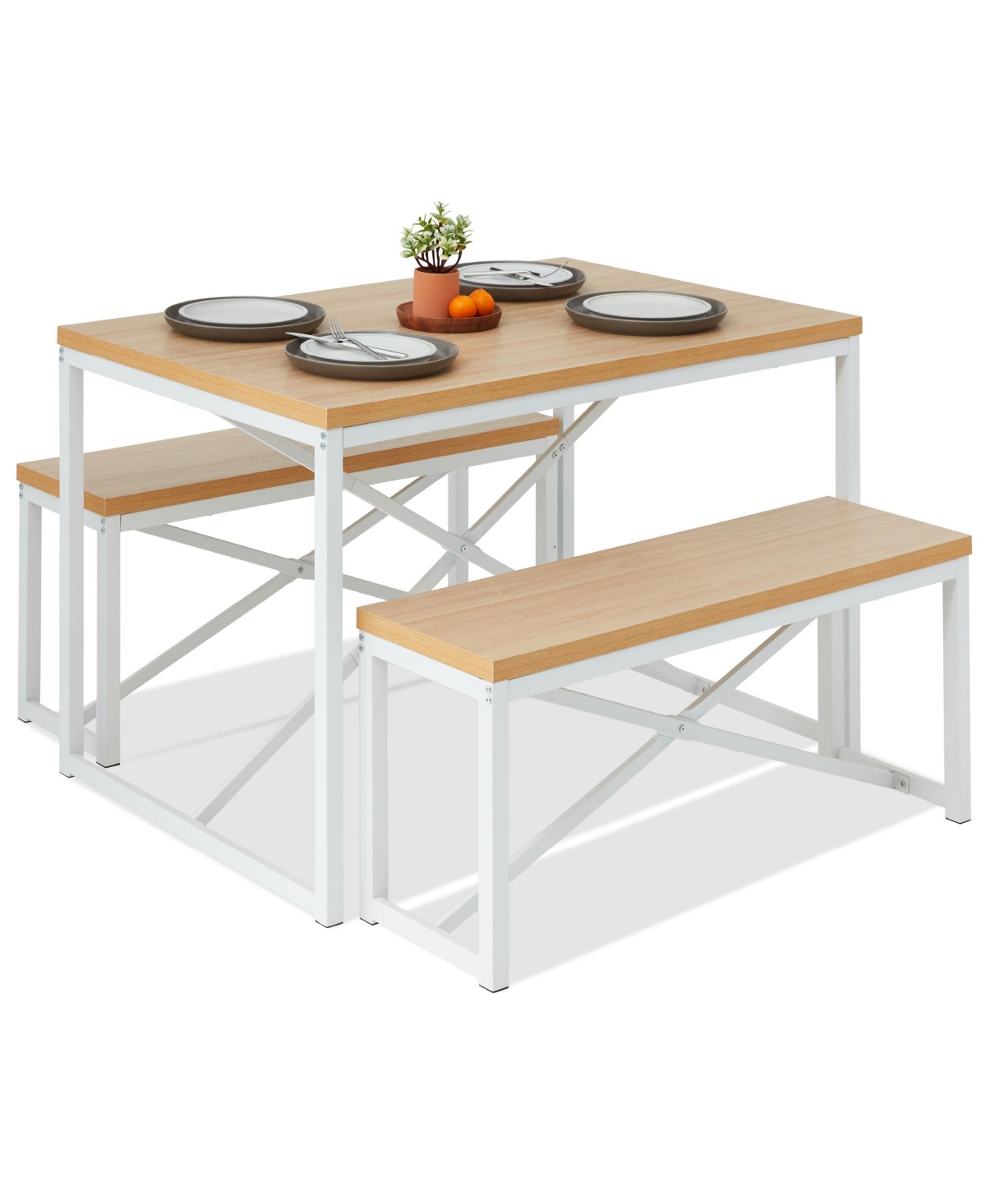 Best Choice Products 3-Piece Bench Style Dining Furniture Set, 4-Person Dinette w/ 2 Benches, Table -white