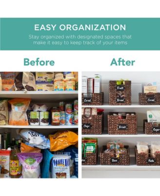 Set of 4 13in Woven Water Hyacinth Pantry Baskets w/ Chalkboard Label, Chalk Marker