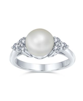 Bridal Party CZ Halo Side Stones White Solitaire Freshwater Cultured Pearl Engagement Cocktail Ring For Women .925 Sterling Silver