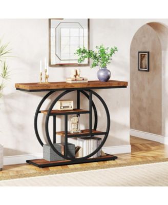 Industrial 4-Tier Console Table with Circle Base and Storage Shelves, 41.3-Inch Narrow Accent Sofa Table for Entryway or Living Room