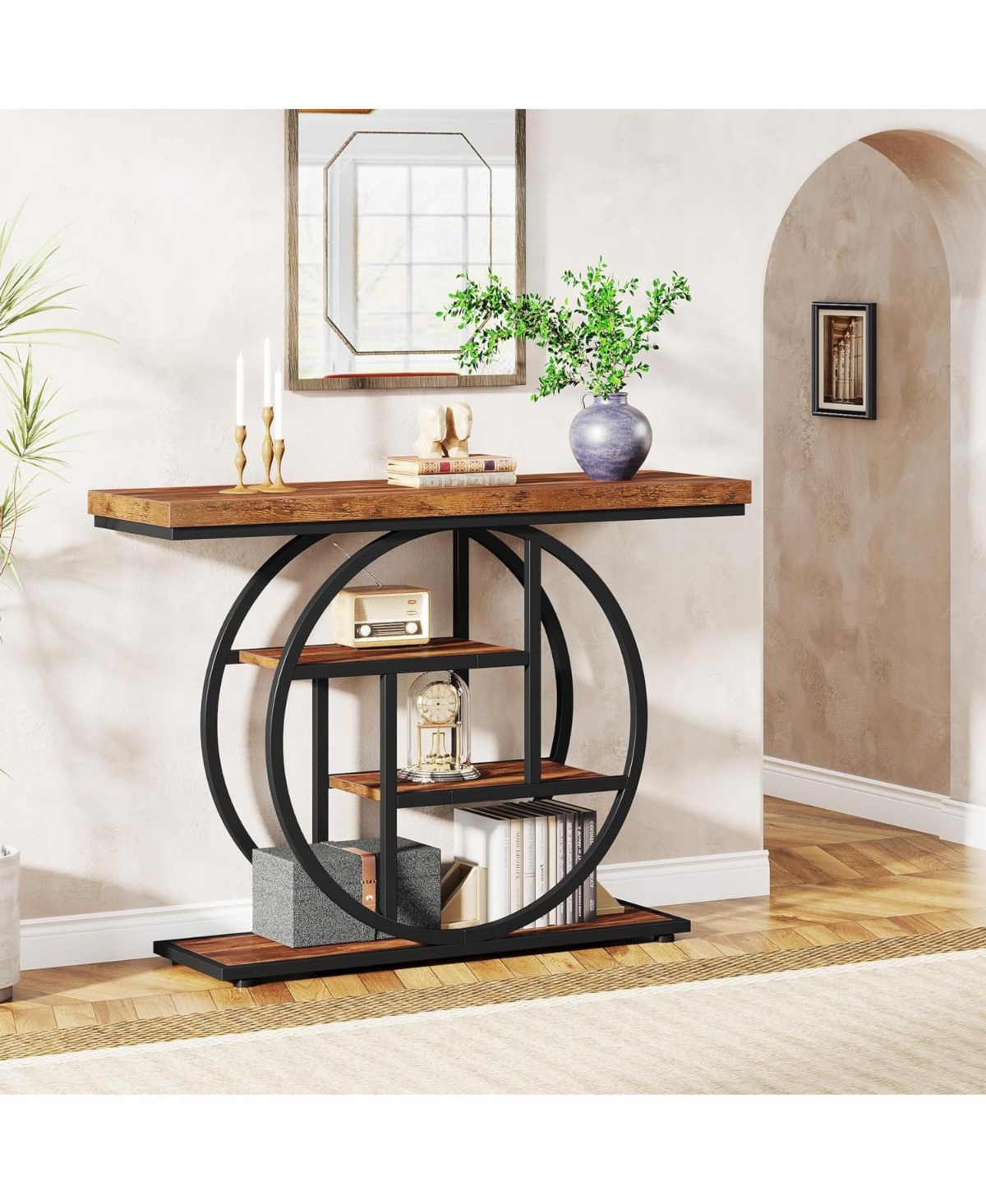 Tribesigns 41.3" Console Table, Industrial 4-Tier Sofa Table Entryway Table with Circle Base, Narrow Wood Accent Tables with Storage Shelves for Livin