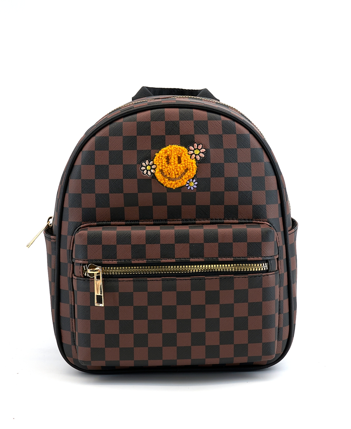 Smiley Checkered Charm Backpack - Brown