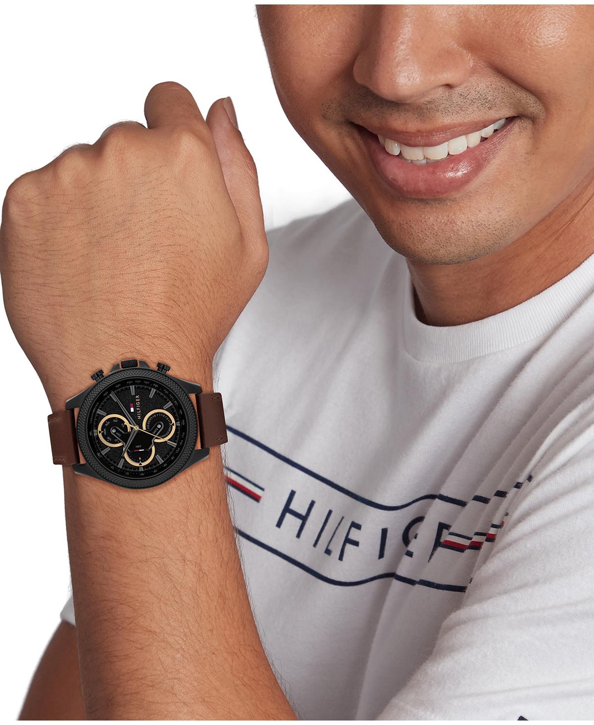 Tommy Hilfiger Men's Multifunction Brown Leather Strap Watch 46mm In Brown