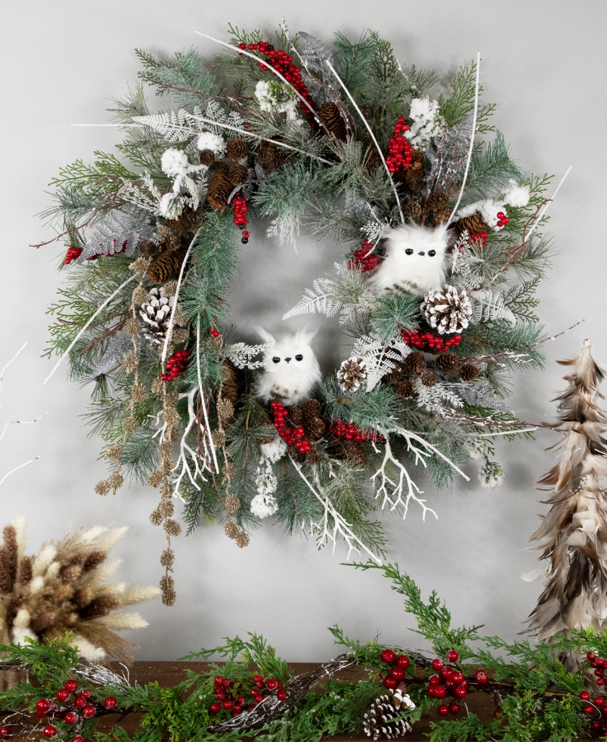 Northlight Snowy Pine Owls and Berries Artificial Christmas Wreath, 34" - Unlit